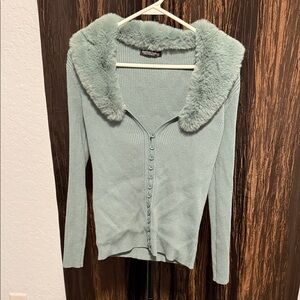 Fashion Nova Sage Green Fuzzy Collar Cardigan